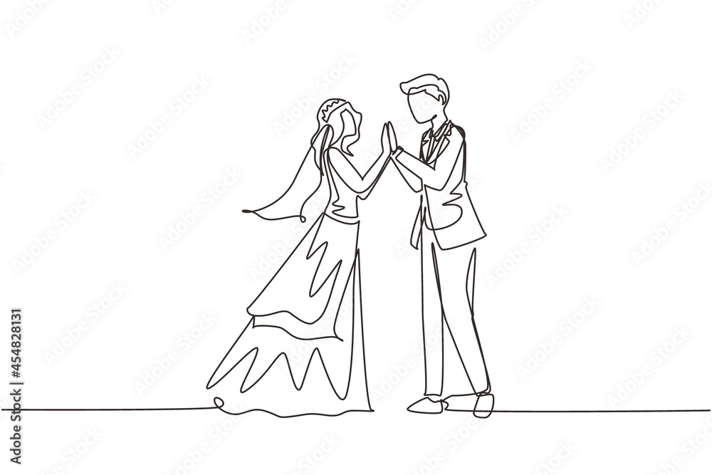 Single continuous line cute man and woman wearing wedding dress holding hands and looking in each other eyes. Couple in love spending time together. Happy family. One line draw graphic design vector