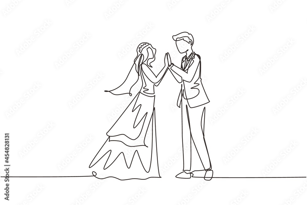 Single continuous line cute man and woman wearing wedding dress holding hands and looking in each other eyes. Couple in love spending time together. Happy family. One line draw graphic design vector Single continuous line cute man and woman wearing wedding dress holding hands and looking in each other eyes. Couple in love spending time together. Happy family. One line draw graphic design vector