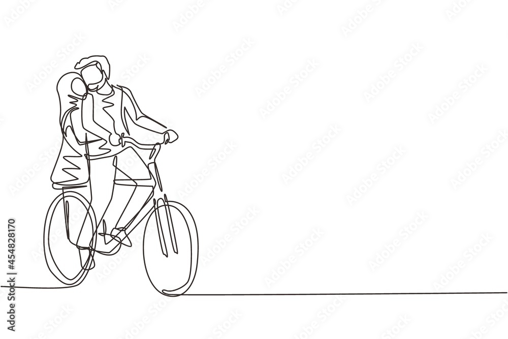 Single one line drawing young loving Arab couple cycling. Romantic human relations, love story, newlywed family in honeymoon traveling adventure, passion, emotions. Continuous line draw design graphic Single one line drawing young loving Arab couple cycling. Romantic human relations, love story, newlywed family in honeymoon traveling adventure, passion, emotions. Continuous line draw design graphic