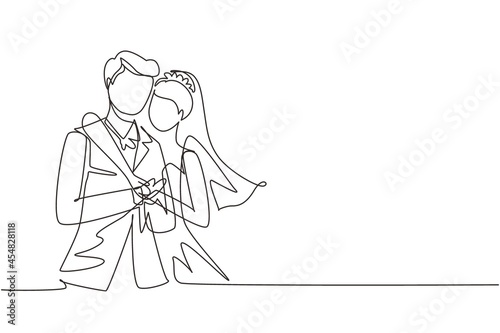 Single continuous line lovers man with suit and woman with wedding dress hugging. Couple in relationship in love. Happy man hugging his partner woman. One line draw graphic design vector illustration