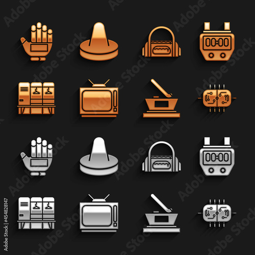 Set Retro tv, Stopwatch, Hockey table, Ice hockey cup champion, Locker or changing room, Sport bag, glove and Mallet for playing air icon. Vector