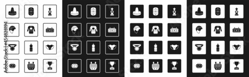 Set Award cup, Hockey jersey, helmet, Mallet for playing air hockey, mechanical scoreboard, Ice rink, Protective sport jockstrap and Medal icon. Vector