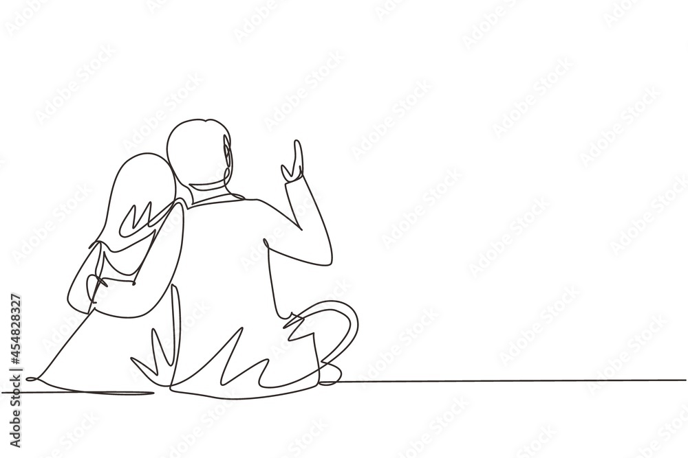 Single one line drawing people in love sit hugging and looking at moon and stars. Arabian man and woman enjoying romantic picturesque landscape together. Continuous line draw design graphic vector