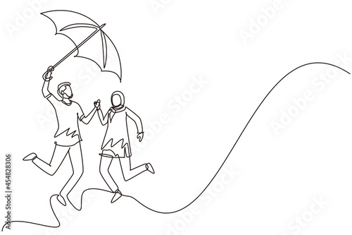 Single continuous line drawing Arabic couple in love walking under rain with umbrella. Man and woman walking along city street and jumping. Married couple romantic relationship. One line draw graphic