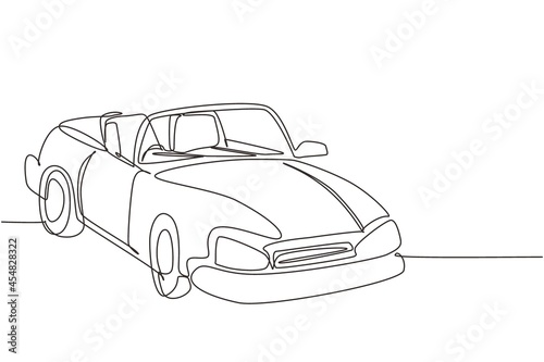 Single one line drawing classic retro convertible sports car logo icon. Outline symbol of collectors car and automotive. Vintage motor vehicle. Continuous line draw design graphic vector illustration