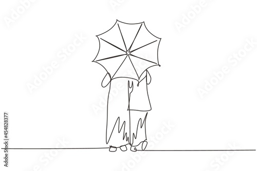 Single one line drawing back view young Arabian couple man woman, girl and boy walking holding umbrella under rain. Romantic couple at rainy autumn weather. Continuous line draw design graphic vector