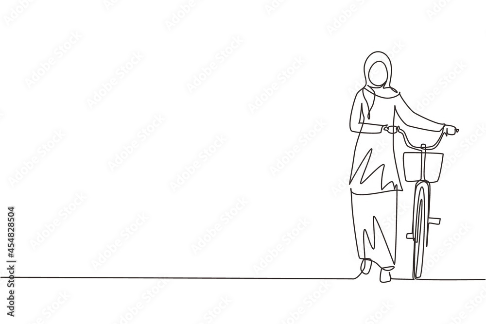 Single continuous line drawing walking young Arab female with bicycles. Happy woman take walk with bicycle at city road. Healthy lifestyle of urban people. Dynamic one line draw graphic design vector