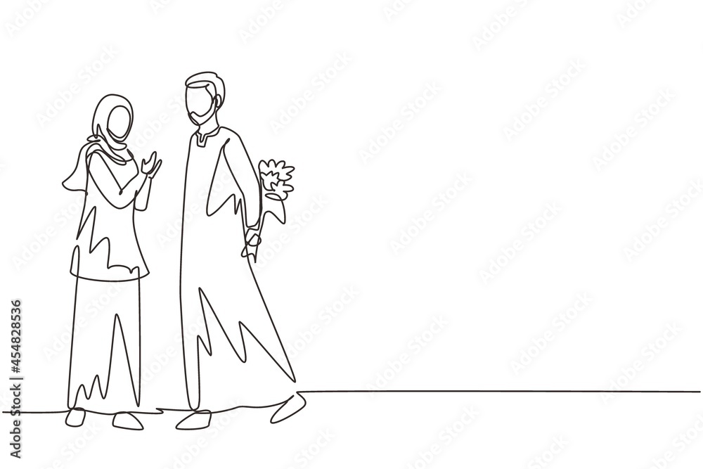 Continuous one line drawing Arabian man gives flowers to woman. Young man giving to woman bouquet of flowers for propose. Romantic couple in love. Single line draw design vector graphic illustration Continuous one line drawing Arabian man gives flowers to woman. Young man giving to woman bouquet of flowers for propose. Romantic couple in love. Single line draw design vector graphic illustration