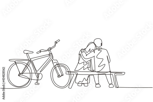 Continuous one line drawing back view romantic Arabian couple chatting while sitting and hugging on bench. Happy cute man woman riding an electric bike. Single line design vector graphic illustration