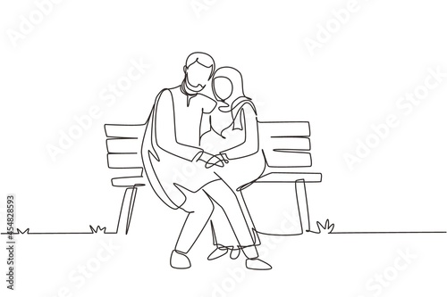Single continuous line drawing romantic Arab couple. Woman man sitting on bench in city park. Happy family concept. Intimacy celebrates wedding anniversary. Dynamic one line draw graphic design vector