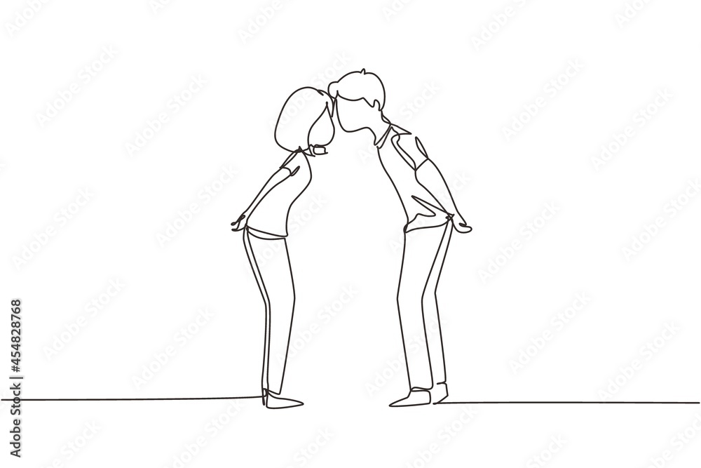 Single continuous line drawing boy and girl in love and kissing. Young couple lovers kissing. Happy man and woman celebrating wedding anniversary. One line draw graphic design vector illustration