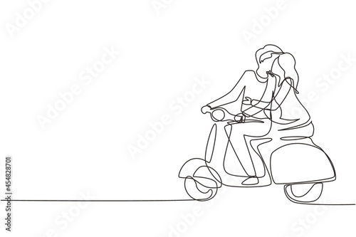 Single continuous line drawing couple with scooter vintage, pre-wedding concept. Man and woman with motorcycle, amorous relationship. Romantic road trip, journey. One line draw graphic design vector
