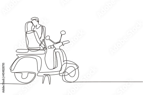 Single continuous line drawing couple on date outdoors, girlfriend and boyfriend with motorcycle, amorous relationship. Romantic road trip, journey. One line draw graphic design vector illustration