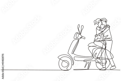 Single continuous line drawing scooter, travel, couple, adventure, ride concept. Family couple travel by scooter. Happy man and woman ride motorcycle. One line draw graphic design vector illustration