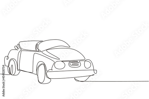 Continuous one line drawing classic retro convertible sports car. Collectors business comfortable cabrio automobile supercar. Vintage motor vehicle. Single line draw design vector graphic illustration