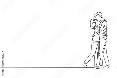 Continuous one line drawing dominant relationship. Romantic couple in love kissing and hugging. Happy man and woman celebrating wedding anniversary. Single line draw design vector graphic illustration