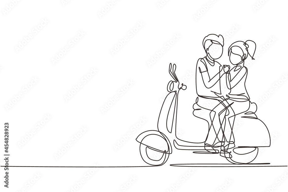Single one line drawing riders couple trip travel relax. Romantic honeymoon moments sitting and talking on motorcycle. Man with woman riding scooter. Modern continuous line draw design graphic vector Single one line drawing riders couple trip travel relax. Romantic honeymoon moments sitting and talking on motorcycle. Man with woman riding scooter. Modern continuous line draw design graphic vector