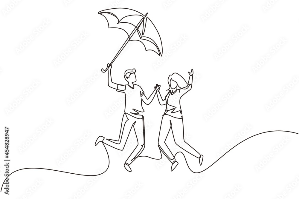 Continuous one line drawing couple in love walking under rain with umbrella. Man and woman walking along city street and jumping. Married couple romantic relationship. Single line draw design vector Continuous one line drawing couple in love walking under rain with umbrella. Man and woman walking along city street and jumping. Married couple romantic relationship. Single line draw design vector