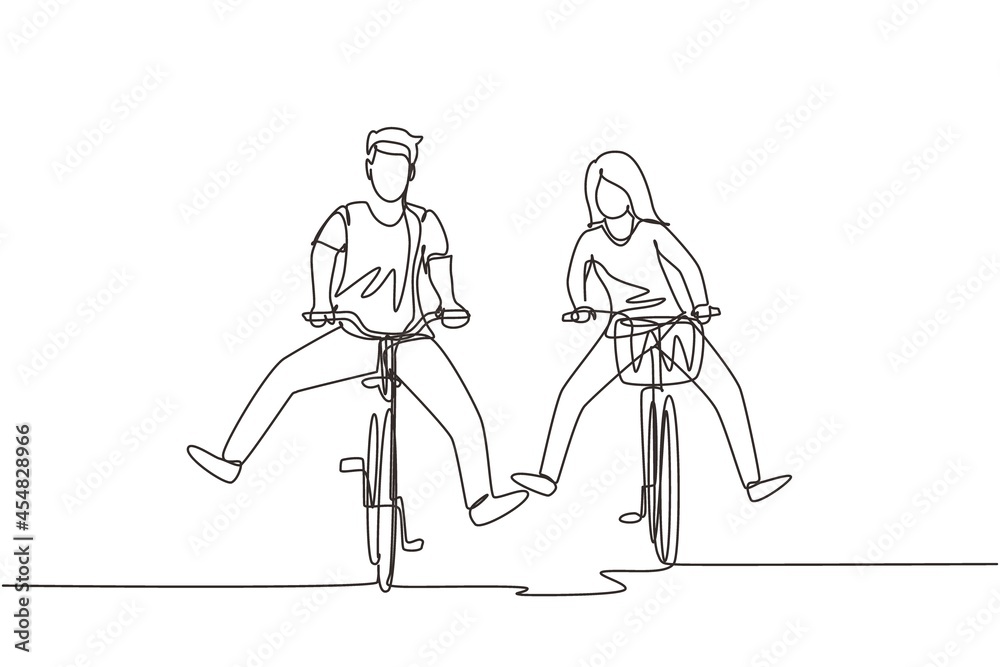Continuous one line drawing happy funny young couple riding on bicycle. Romantic teenage couple ride bike. Young man and woman in love. Happy married couple. Single line draw design vector graphic Continuous one line drawing happy funny young couple riding on bicycle. Romantic teenage couple ride bike. Young man and woman in love. Happy married couple. Single line draw design vector graphic