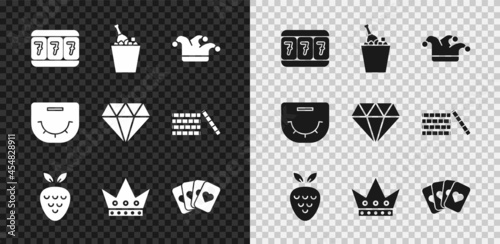 Set Slot machine with lucky sevens, Champagne an ice bucket, Joker playing card, Casino slot strawberry, King, Deck of cards, Poker table and Diamond icon. Vector