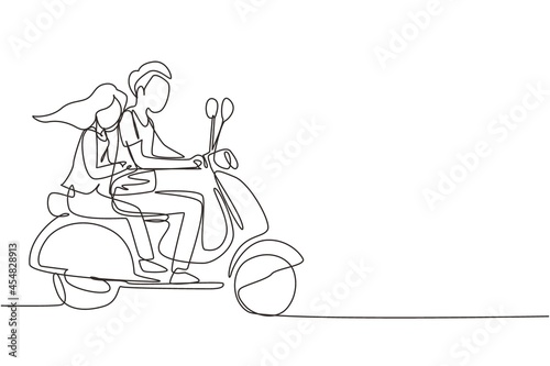 Continuous one line drawing couple riding motorcycle. Man driving scooter and woman are passenger while hugging. Driving around city. Drive safely. Single line draw design vector graphic illustration