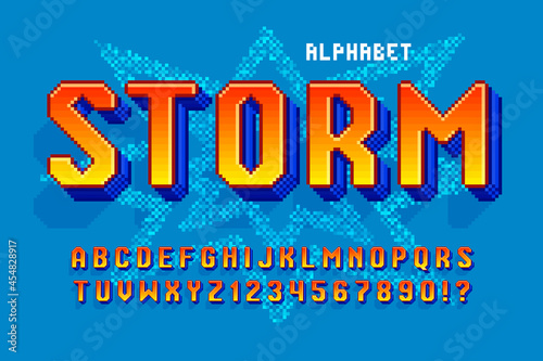 Pixel vector alphabet design, stylized like in 8-bit games.
