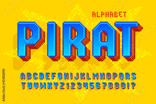 Pixel vector alphabet design, stylized like in 8-bit games.