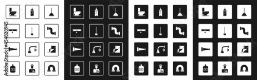 Set Rubber plunger, Mop, Broken pipe with leaking water, Toilet bowl, Industry metallic, Bottle of, Wastewater and icon. Vector