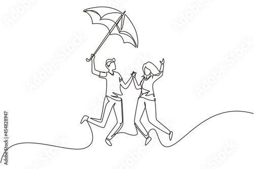 Continuous one line drawing couple in love walking under rain with umbrella. Man and woman walking along city street and jumping. Married couple romantic relationship. Single line draw design vector