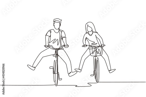 Continuous one line drawing happy funny young couple riding on bicycle. Romantic teenage couple ride bike. Young man and woman in love. Happy married couple. Single line draw design vector graphic