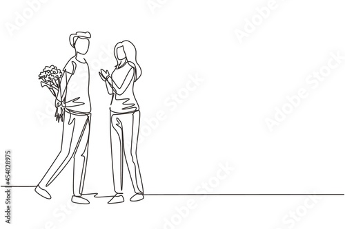 Continuous one line drawing man gives flowers to woman. Young man giving to woman bouquet of flowers for propose. Happy romantic couple in love. Single line draw design vector graphic illustration