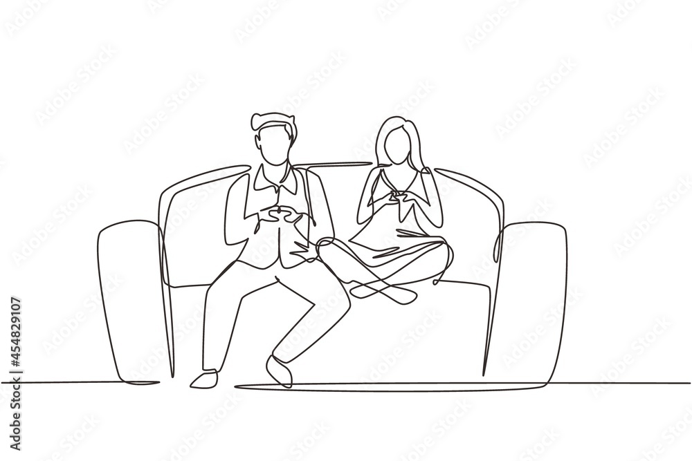 Single continuous line drawing young family couple sitting on sofa playing computer games on gaming console and watching tv set. Home leisure spare time. Dynamic one line draw graphic design vector