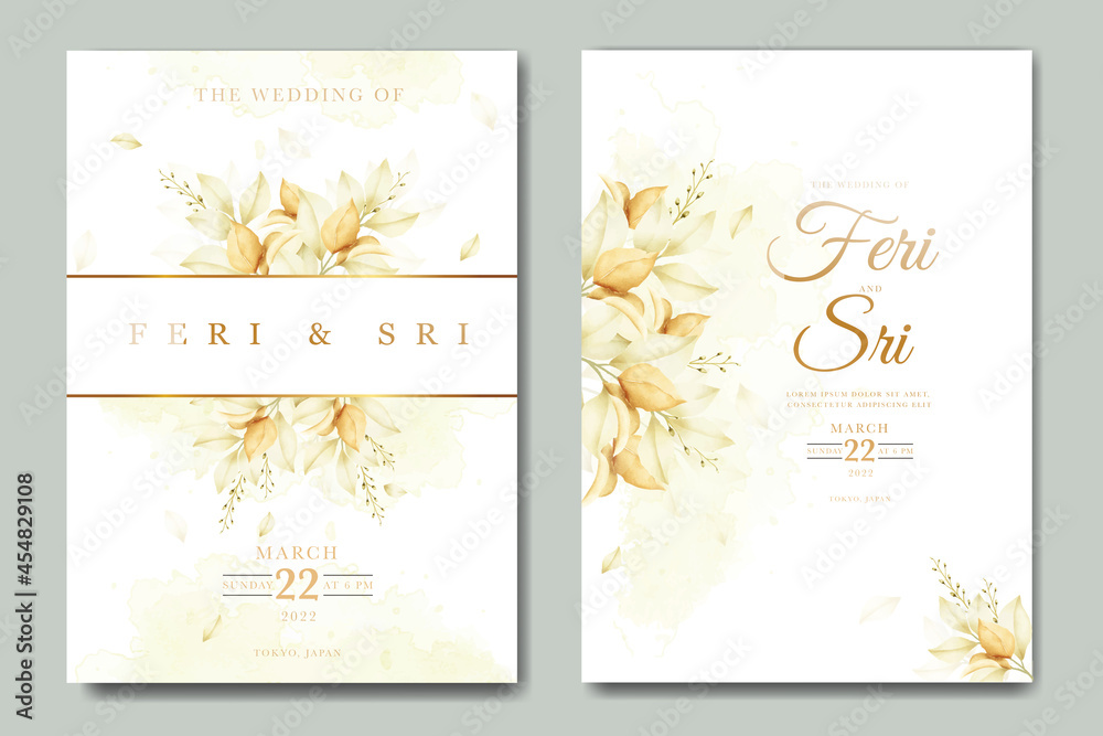 elegant floral leaves wedding invitation card  watercolor