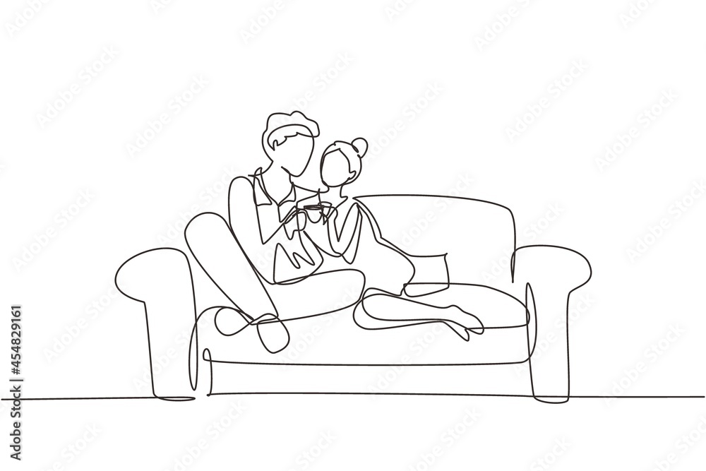 Single one line drawing happy couple sitting on the sofa, talking and drinking coffee. Man and woman have relaxing day off at living room. Romance and love concept. Continuous line draw design vector Single one line drawing happy couple sitting on the sofa, talking and drinking coffee. Man and woman have relaxing day off at living room. Romance and love concept. Continuous line draw design vector