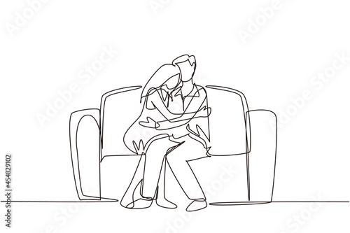 Single continuous line drawing happy tired couple. Man woman relax on sofa at home. Male hugs female. Joy cute adults. Cozy living room. Happy family life. Dynamic one line draw graphic design vector