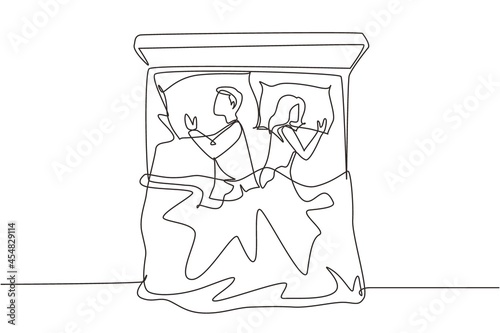 Continuous one line drawing man and woman sleeping on bed. Couple lying backs to each other during night rest. Romantic couple resting at night. Single line draw design vector graphic illustration