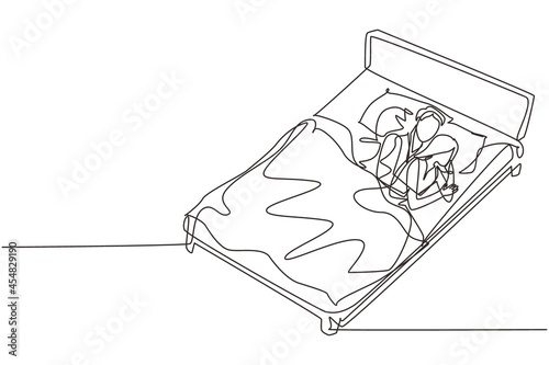 Single one line drawing young romantic couple, spouses lying on bed. Lovers gently, carefully embrace each other, dream, whisper words of love or sleep. Continuous line draw design graphic vector