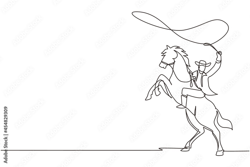 Single one line drawing cowboy with lasso on rearing horse. Cowboy with rope lasso on horse. American cowboy riding horse and throwing lasso. Continuous line draw design graphic vector illustration Single one line drawing cowboy with lasso on rearing horse. Cowboy with rope lasso on horse. American cowboy riding horse and throwing lasso. Continuous line draw design graphic vector illustration