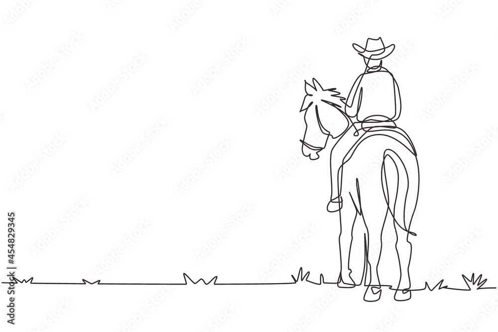 Single continuous line drawing cowboy riding horses in desert on wooden sign. Mustang and person outdoor at sunset. Cowboy and horse icon or logo. One line draw graphic design vector illustration