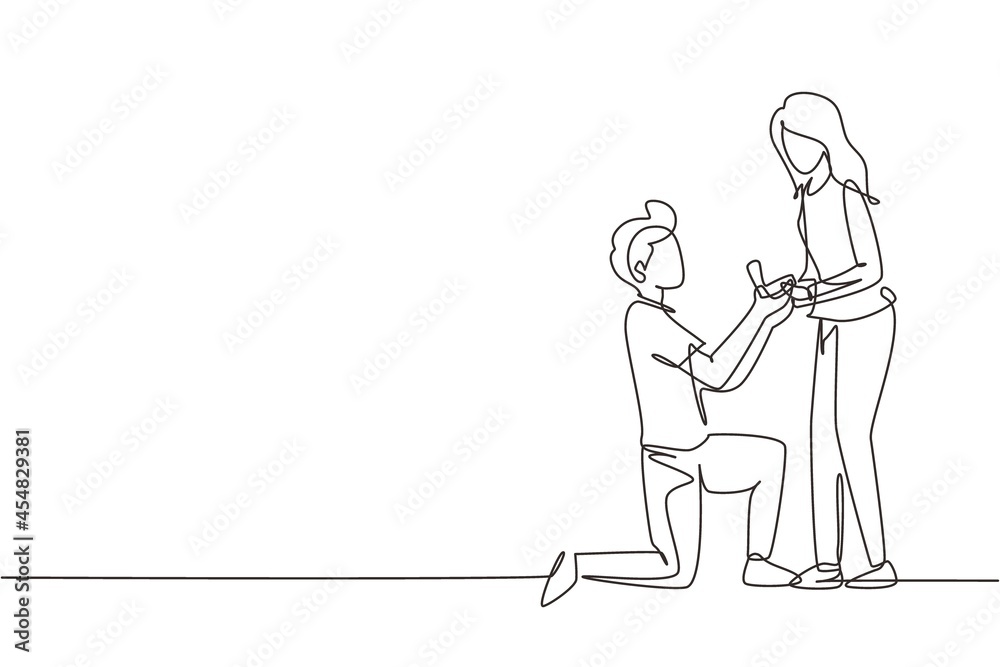Continuous one line drawing man kneeling holding engagement ring proposing woman marry him happy marriage wedding concept. Guy on knees proposing girl to marry. Single line draw design vector graphic Continuous one line drawing man kneeling holding engagement ring proposing woman marry him happy marriage wedding concept. Guy on knees proposing girl to marry. Single line draw design vector graphic