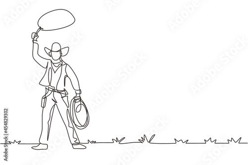 Fotobehang Single continuous line drawing western cowboy standing and throwing lasso and wild west elements