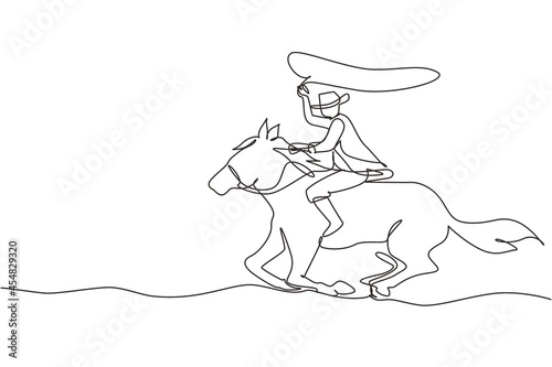 Single continuous line drawing cowboy on horse galloping across dusty field. Cowboy on bucking horse running with lasso. Cowboy with rope lasso on horse. One line graphic design vector illustration