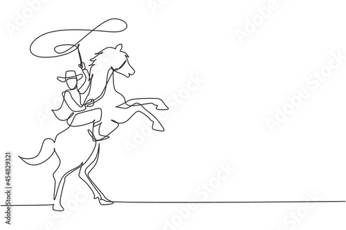 Continuous one line drawing cowboy throwing lasso riding rearing up horse. American cowboy riding horse and throwing lasso. Cowboy with rope lasso on horse. Single line draw design vector graphic