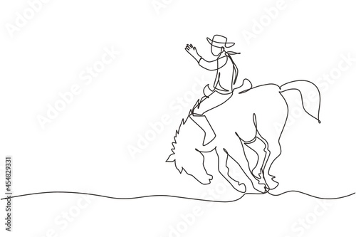 Continuous one line drawing cowboy riding bucking bronco at sunset. Rodeo cowboy at horse ranch. Wild horse race. Cowboy taming wild horse at rodeo. Single line draw design vector graphic illustration