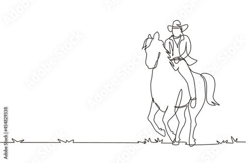 Single continuous line drawing cowboy silhouette riding horse at sunset. Wild west hero, Mustang and person outdoor, cowboy and horse icon or logo. One line draw graphic design vector illustration