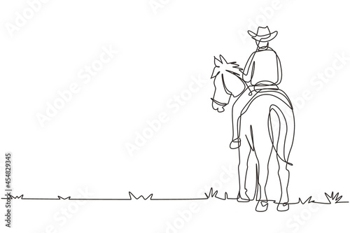 Single continuous line drawing cowboy riding horses in desert on wooden sign. Mustang and person outdoor at sunset. Cowboy and horse icon or logo. One line draw graphic design vector illustration