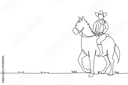 Single continuous line drawing cowboy riding standing horse at desert. Man with cowboy hat riding horse. Senior men pose elegance on horseback. Dynamic one line draw graphic design vector illustration