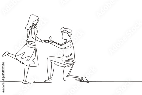 Single continuous line drawing man kneeling offering engagement ring to his girlfriend. Young guy on knees proposing girl to marry. Marriage proposal concept. One line draw design vector illustration