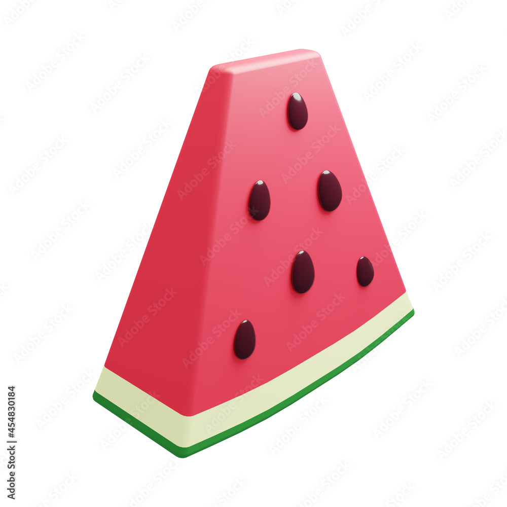 Watermelon slice with seeds vibrant colorful cartoon stylized illustration. Isolated fruit piece object on white background high-resolution 3D render. Watermelon slice with seeds vibrant colorful cartoon stylized illustration. Isolated fruit piece object on white background high-resolution 3D render.