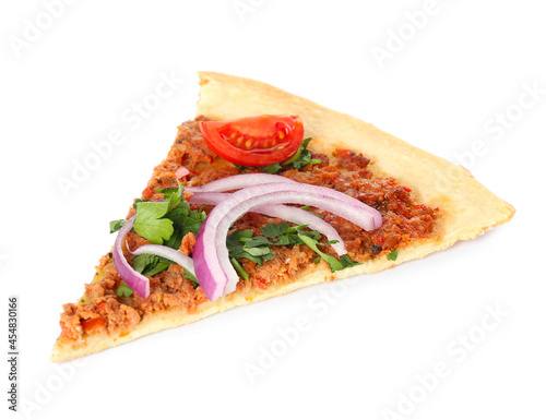 Slice of delicious Turkish pizza on white background